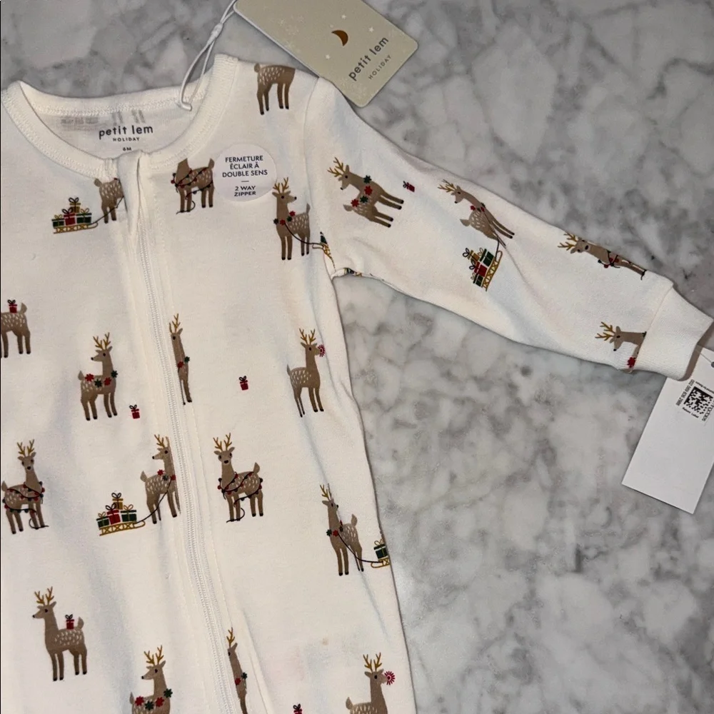 Petit Lem Cream Reindeer Print Footie